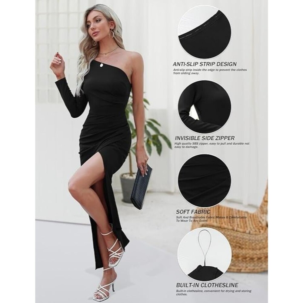 Womens Small One Shoulder Long Sleeve Cocktail Dresses Sexy Bodycon Wrap Split